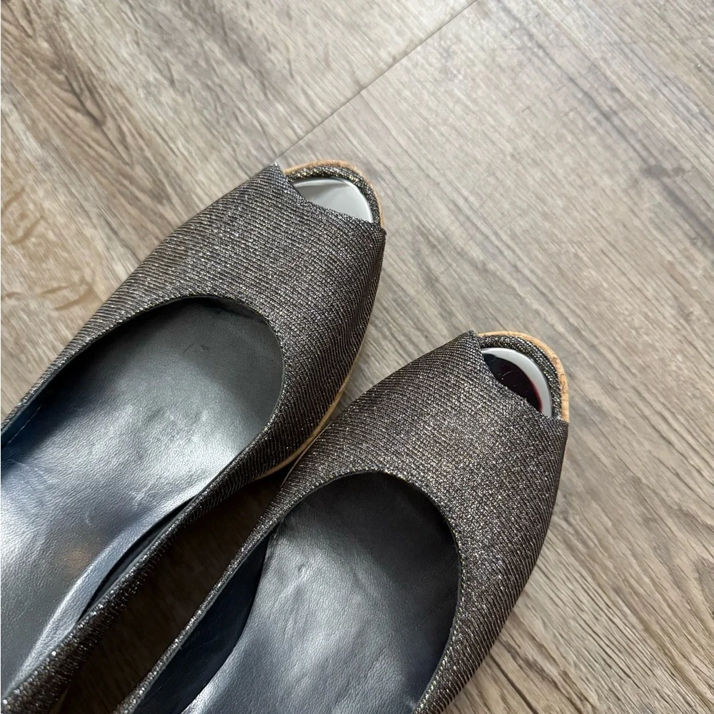 Stuart Weitzman • Anna Metallic Peep Toe Cork Platform Wedge Heels